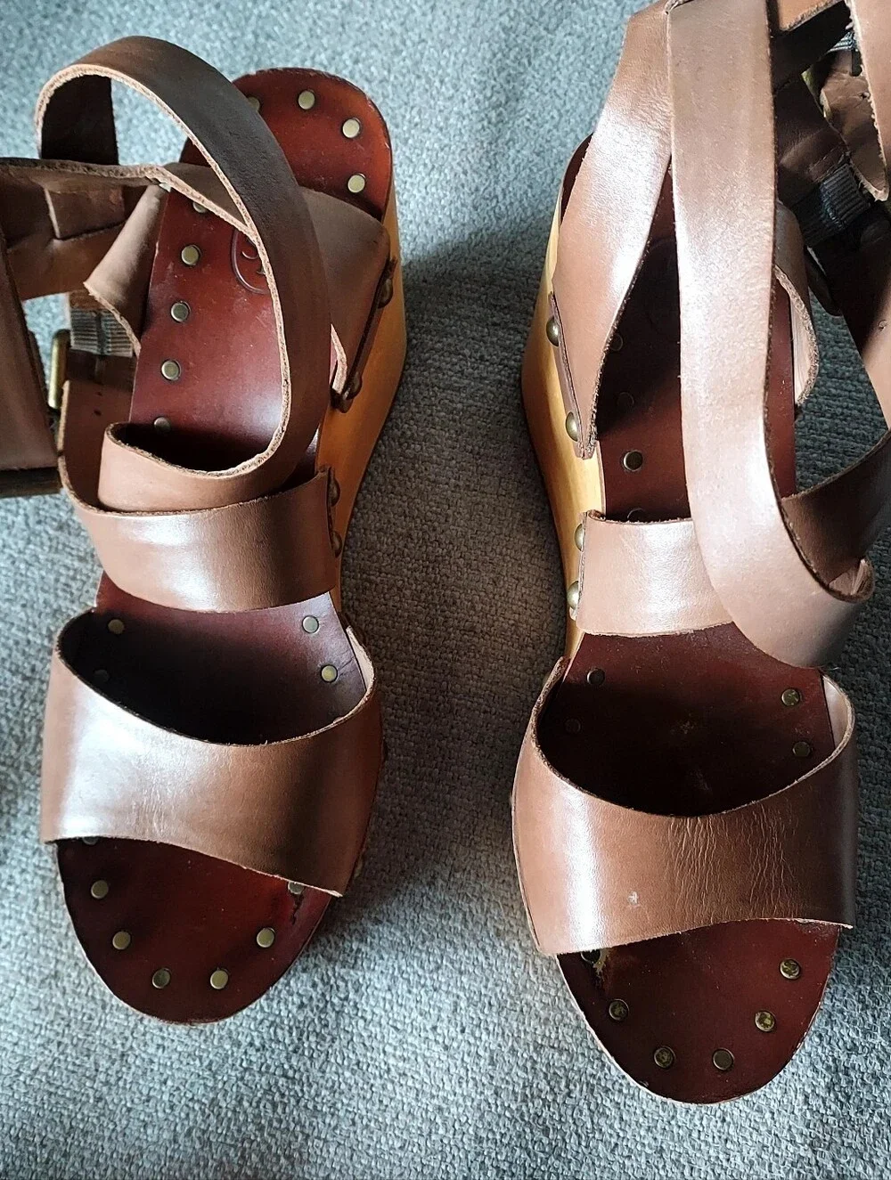 ASH Brown Leather Wooded Platform Wedge Sandals Sz 39/8.5-9